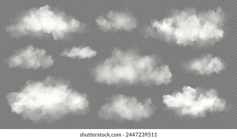 Realistic white cloud or fire smoke in the sky and vector weather element on transparent background. Chimney smoke, fog wave or cloud pattern with overlay effect. Cloud art or smoky air illustration.