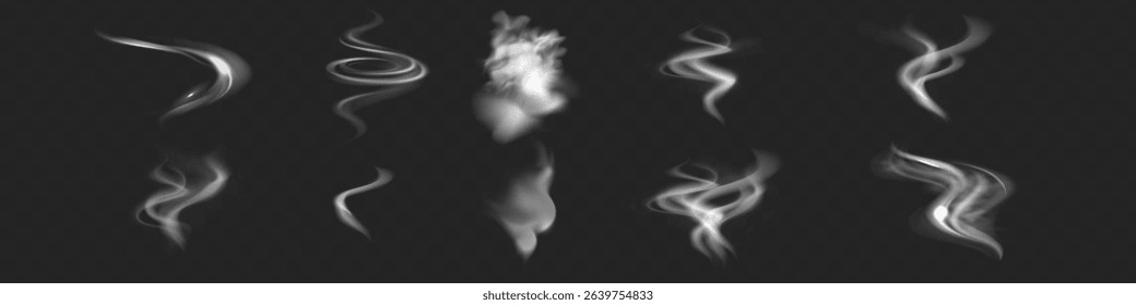 Realistic white cloud or fire smoke in the sky and vector weather element on transparent background. Chimney smoke, fog wave or cloud pattern with overlay effect. Cloud art or smoky air illustration.