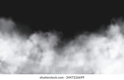 Realistic white cloud, misty fog or smoke overlay effect on transparent background. Vector sky cloud or chimney smoke pattern. Nature or weather element illustration. Smoky or foggy environment art.