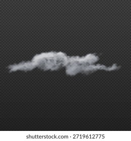 Una nube blanca realista sobre un fondo negro transparente. Efecto Superposición. Clima, naturaleza, ecología, libertad, sueños. Atmósfera, vapor, humo. Ilustración vectorial.