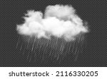 Realistic white cloud with rain drops, rainstorm, raincloud, rainfall or cyclone weather vector. 3d rain cloud or cumulus isolated on transparent background, cloudy and rainy sky with downpour