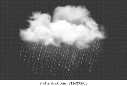 Realistic white cloud with rain drops, rainstorm, raincloud, rainfall or cyclone weather vector. 3d rain cloud or cumulus isolated on transparent background, cloudy and rainy sky with downpour