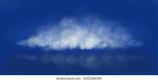 Realistic white cloud or smoke in the sky under the water with reflection. weather element. Transparent magic mist. Chimney smoke, fog on blue background. Smoky air illustration.