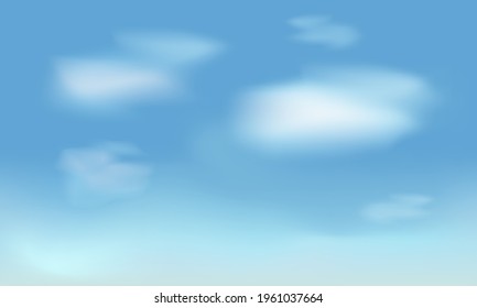Realistic white clouds on blue sky background. Flying fluffy white clouds. Vector illustration