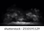 Realistic white clouds on dark water surface. Smoke, fog, dust, smog vector 3D effect. Mystery magic elements.