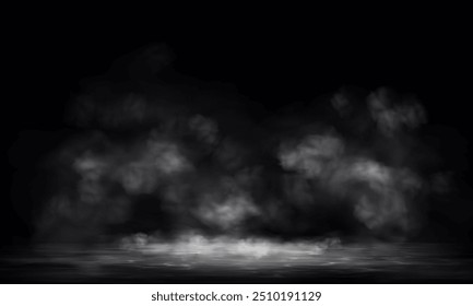 Realistic white clouds on dark water surface. Smoke, fog, dust, smog vector 3D effect. Mystery magic elements.