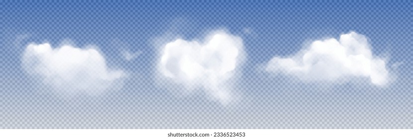 Realistic white clouds set isolated on transparent background. Vector illustration of abstract shape light smoke in air, cloudy sunset or sunrise sky design elements, fairytale mist, gas evaporation