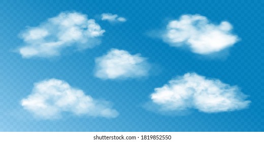 Realistic white clouds set. Vector collection of 3d smoke or fog. Natural cumulus clouds design elements on transparent background for weather forecast.