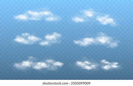 Realistic white clouds or smoke collection on transparent background isolated on light background. 