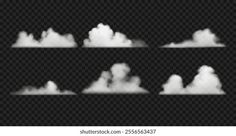 Realistic white clouds, smoke, fog on sky. Set of vector fluffy steam clouds and wavy haze