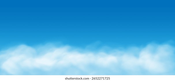 Paisaje realista del humo de las nubes blancas en la Ilustración vectorial azul del fondo del cielo.