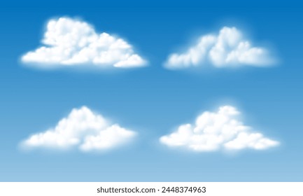 Realista nubes blancas humo conjunto de colección en la Ilustración vectorial de fondo del cielo azul.