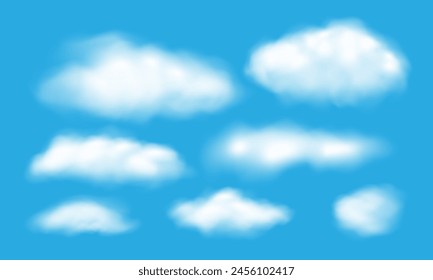 Realista nubes blancas colección de humo establecido en el Vector de fondo del cielo azul.