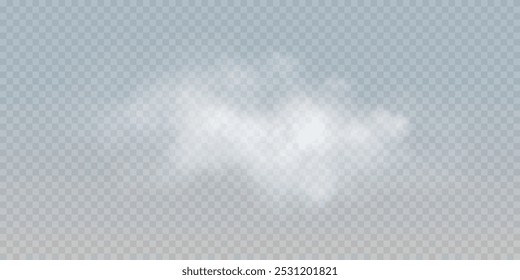 Realistic white clouds, vector graphics, fog and smoke isolated on transparent background. Cloud, nature sky. Weather element or drawing. Cloud texture, smoke wave, fog nature.
