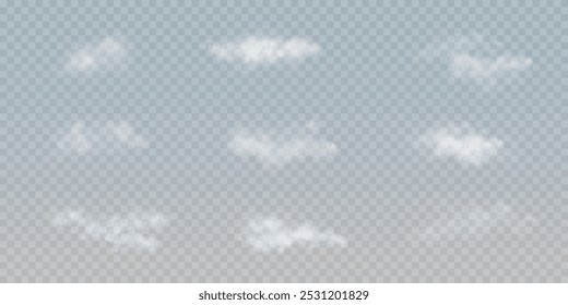 Realistic white clouds, vector graphics, fog and smoke isolated on transparent background. Cloud, nature sky. Weather element or drawing. Cloud texture, smoke wave, fog nature.
