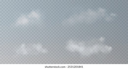 Realistic white clouds, vector graphics, fog and smoke isolated on transparent background. Cloud, nature sky. Weather element or drawing. Cloud texture, smoke wave, fog nature.
