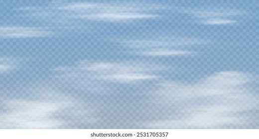 Realistic white clouds, vector graphics, fog and smoke isolated on transparent background. Cloud, nature sky. Weather element or drawing. Cloud texture, smoke wave, fog nature.	