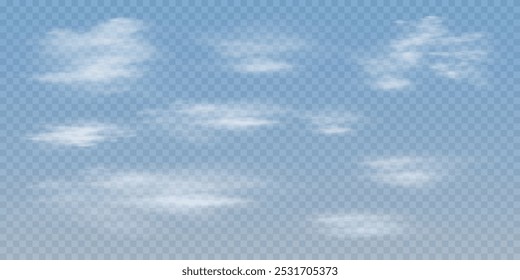 Realistic white clouds, vector graphics, fog and smoke isolated on transparent background. Cloud, nature sky. Weather element or drawing. Cloud texture, smoke wave, fog nature.	