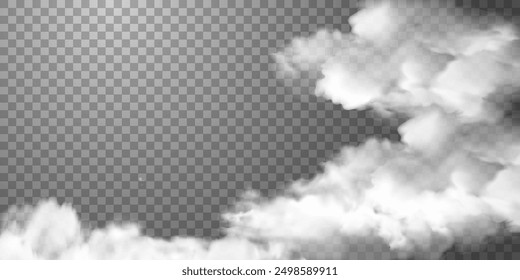 Paisaje de nubes blanco realista sobre fondo transparente. Vector nubes borde, cielo nublado