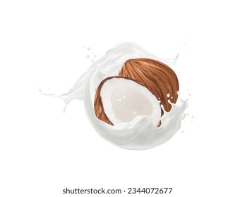 Bebida de coco blanco y salpicadura redonda. Las mitades aisladas de la nuez de coco vectorial 3d con flujo líquido blanco fresco capturado en movimiento en medio del aire, evocando un sentido de placer y indulgencia tropical.