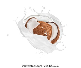 Leche de coco blanca realista o flujo de salpicaduras de aceite de coco para dulces o agua de fondo vectorial de bebida. Leche de coco batiendo la ola con gotas para batir el lechón, helado o postre yogur