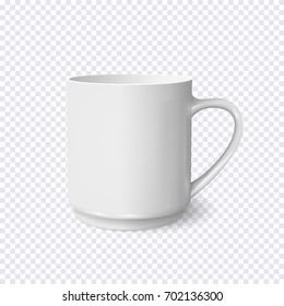 Realistic white coffee cup isolated on transparent background. Vector template for Mock Up. Vector illustration