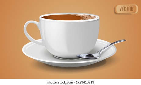 Realistic white coffee cup, side view. Classic espresso with teaspoon vector illustration