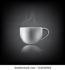 Realistic White Coffee Cup With Steam On Black Background, Vector, Illustration