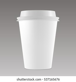 Realistic white coffee cup vector mockup isolated on grey background