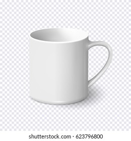 Realistic white coffee mug isolated on transparent background. Vector template for Mock Up. Vector illustration
