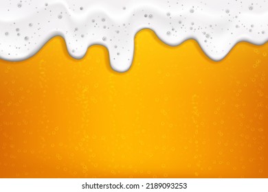 Realistic white cold beer foam with bubbles, flowing down a glass goblet.Stream of soap solution.Background for design oktoberfest flyers, restaurants, bar.
