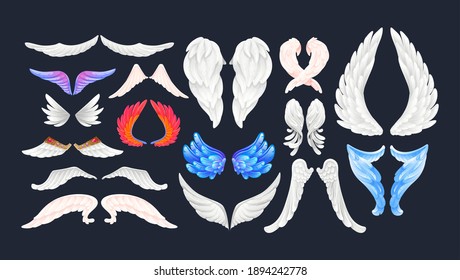 Realistic white and color wings isolated with 3D feathers on dark background vector illustration