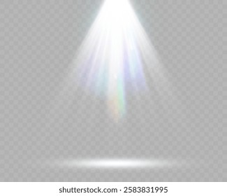 Realistic white and colorful spotlights with beams, reflections, and stage lighting effects on transparent background.