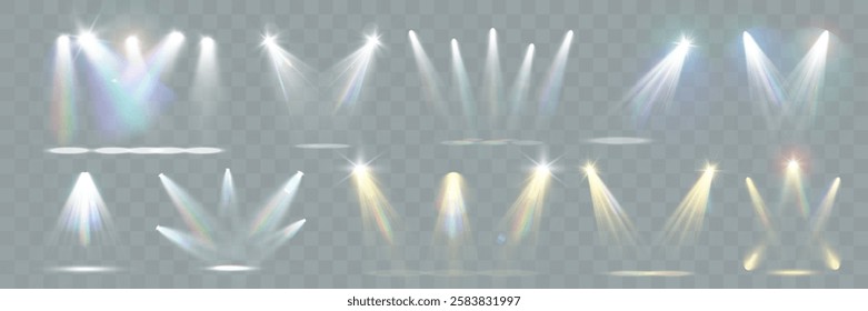 Realistic white and colorful spotlights with beams, reflections, and stage lighting effects on transparent background.