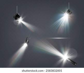 Realistic white and colorful spotlights with beams, reflections, and stage lighting effects on transparent background.