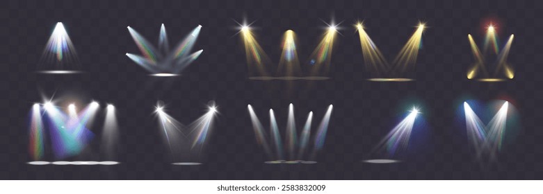 Realistic white and colorful spotlights with beams, reflections, and stage lighting effects on transparent background.