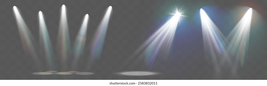 Realistic white and colorful spotlights with beams, reflections, and stage lighting effects on transparent background.