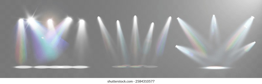 Realistic white and colorful spotlights with beams, reflections, and stage lighting effects on transparent background.	
