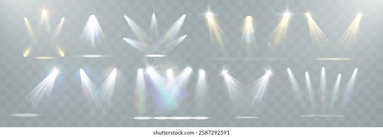 Realistic white and colorful spotlights with beams, reflections, and stage lighting effects on transparent background	

