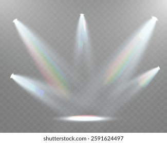 Realistic white and colorful spotlights with beams, reflections, and stage lighting effects on transparent background	