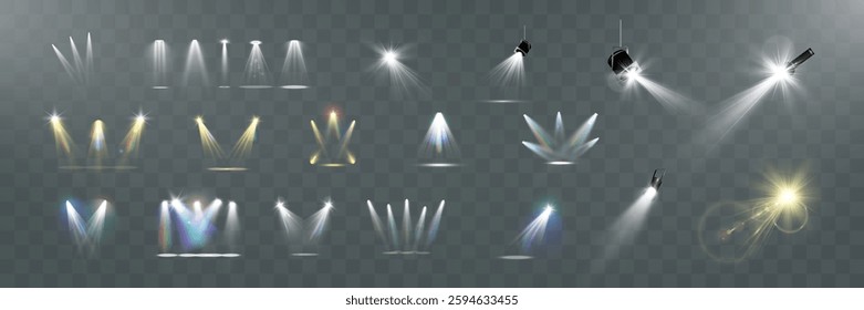 Realistic white and colorful spotlights with beams, reflections, and stage lighting effects on transparent background	