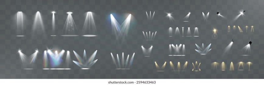 Realistic white and colorful spotlights with beams, reflections, and stage lighting effects on transparent background	