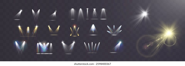 Realistic white and colorful spotlights with beams, reflections, and stage lighting effects on transparent background	