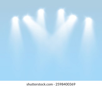 Realistic white and colorful spotlights with beams, reflections, and stage lighting effects on transparent background	