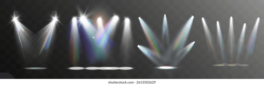 Realistic white and colorful spotlights with beams, reflections, and stage lighting effects on transparent background	
