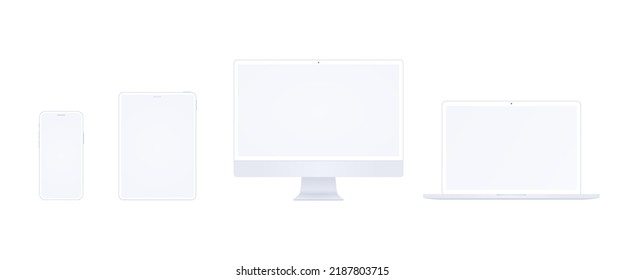 Realistic white computer mockup set with desktop, laptop, tablet and phone. Clay electronic device set in front view, pc screen, open notebook, pad and mobile phone display for promo or presentation.