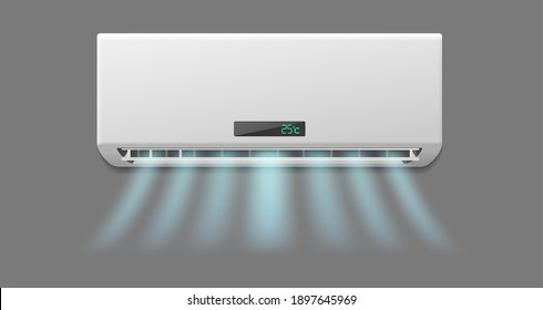 Realistic white conditioner. Hot or cold blowing air. Fresh airing flow in apartment, indoor ventilation and conditioning system, electrical appliance vector climate maintenance 3d isolated object
