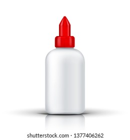 Realistic White Container Of Glue Or Liquid Vector. Mockup Of Packing Container With Red Top And Shadow. Blank Bottle Without Label. Gluely Gel For Fixing. Isolated 3d Illustration