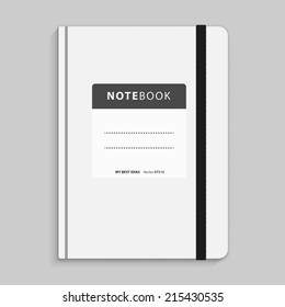 Realistic white copybook with elastic band bookmark. Diary author for office information. Concept design gray planner for college. Closed textbook. Abstract vector illustration on background. EPS10