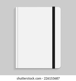 Realistic white copybook with elastic band bookmark. Diary author for office information. Concept design gray planner for college. Closed textbook. Abstract vector illustration on background. EPS10